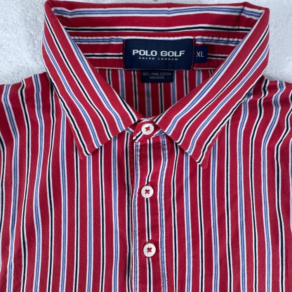VTG Polo Golf Ralph Lauren Shirt Mens XL Red Striped Pima Cotton Golf Prep